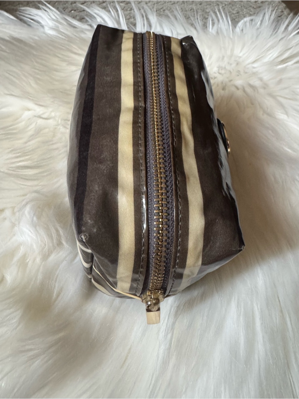 Tory Burch Brown and Cream Striped Cosmetic Pouch with Logo Medallion - Picture 3 of 10